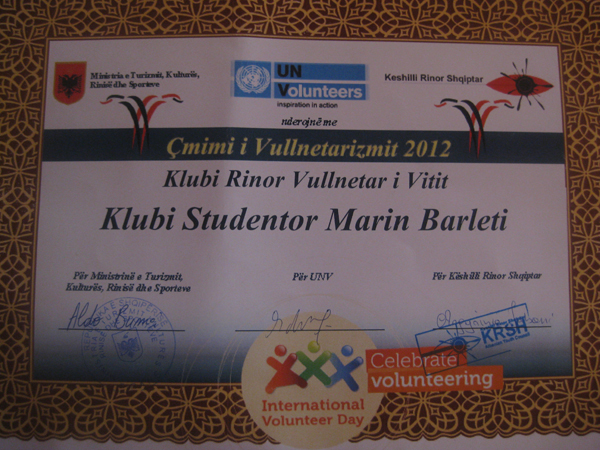 Klubi i vullnetarëve në UB, nderohet me Cmimin e Vullnetarizmit 2012