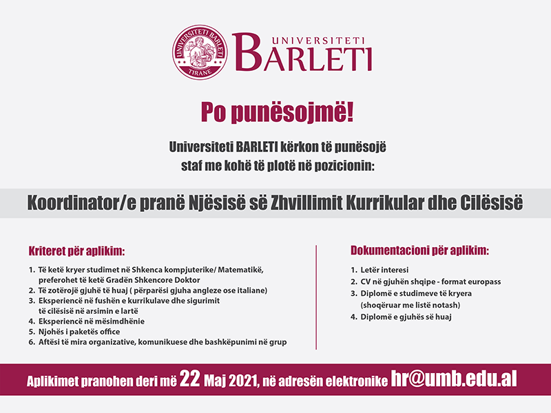 Njoftim për punësim: Koordinator/e pranë njësisë së zhvillimit kurrikular dhe cilësisë