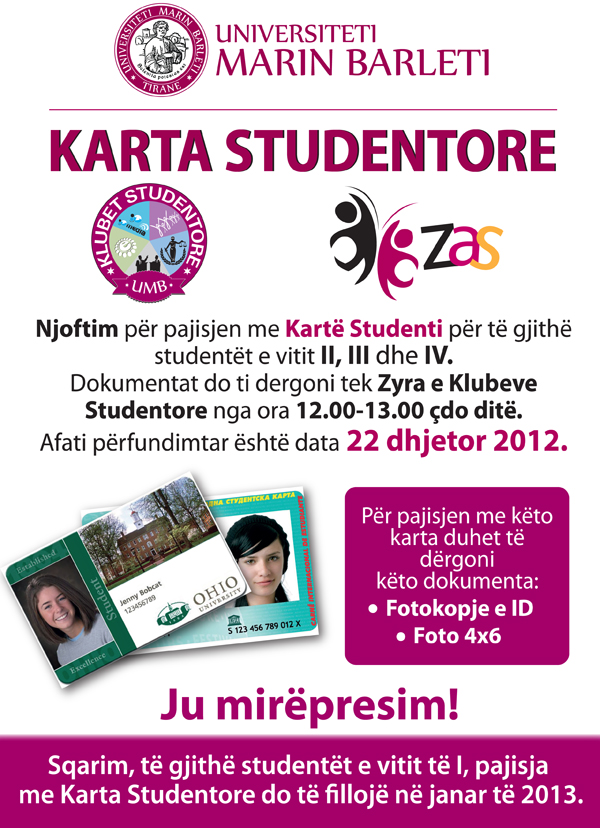 Njoftim për pajisjen me Kartë Studenti për të gjithë studentët e vitit II, III dhe IV