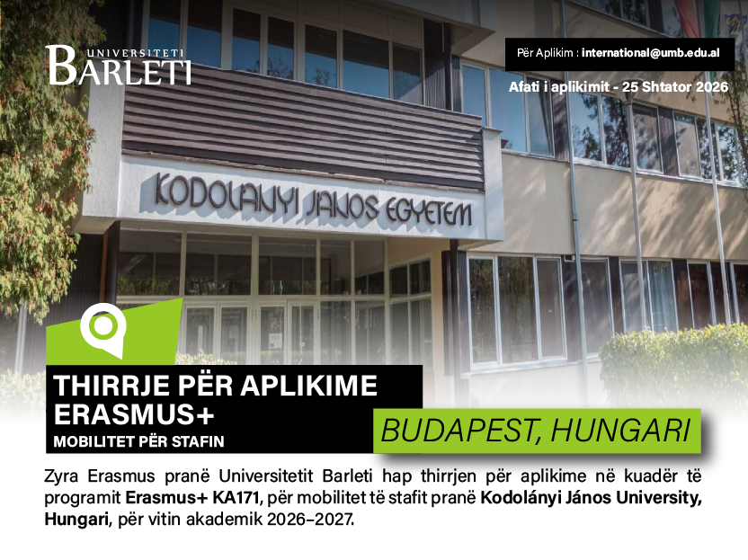 Thirrje për Aplikime – Mobilitet Erasmus+ për Stafin në Kodolányi János University (Hungari) 2026–2027