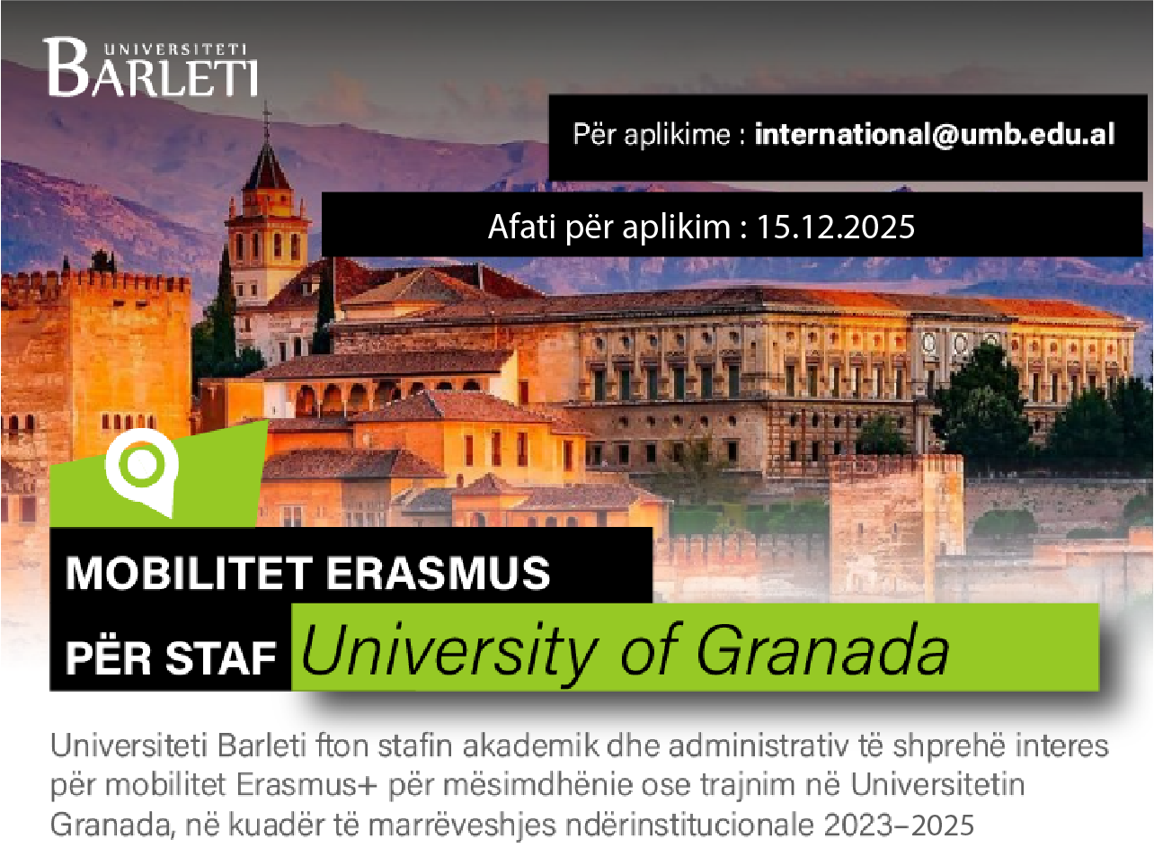 Thirrje për Aplikime – Erasmus+ Staff Mobility – University of Granada