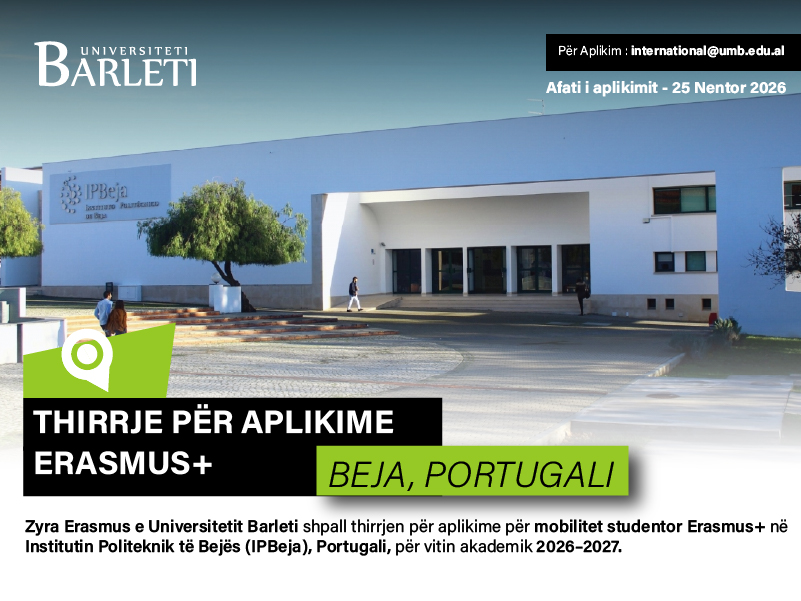 Thirrje për Aplikime – Mobilitet Studentor Erasmus+ në IPBeja, Portugali – 2026–2027
