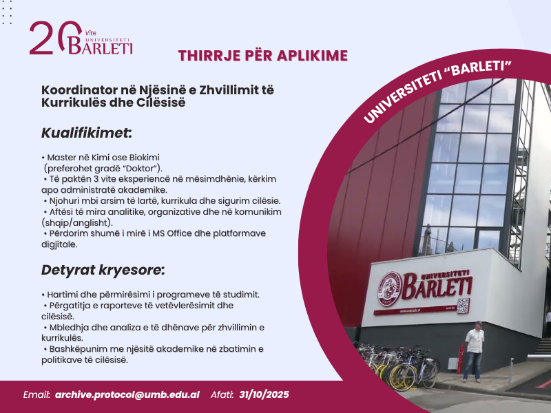 Thirrje PËR APLIKIME - Koordinator në Njësinë e Zhvillimit të Kurrikulës dhe Cilësisë