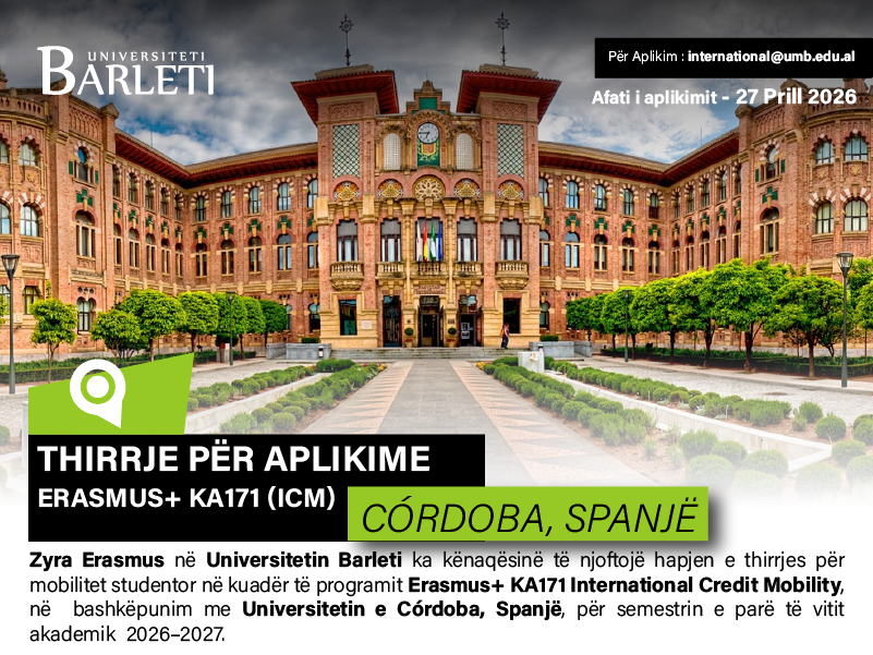 Thirrje për Aplikime – Erasmus+ KA171 (ICM) me Universitetin e Córdoba, Spanjë (Semestri i parë 2026–2027)