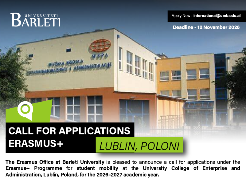 Thirrje për Aplikime – Mobilitet Erasmus+ për Studentët në University College of Enterprise and Administration, Poloni, 2026–2027