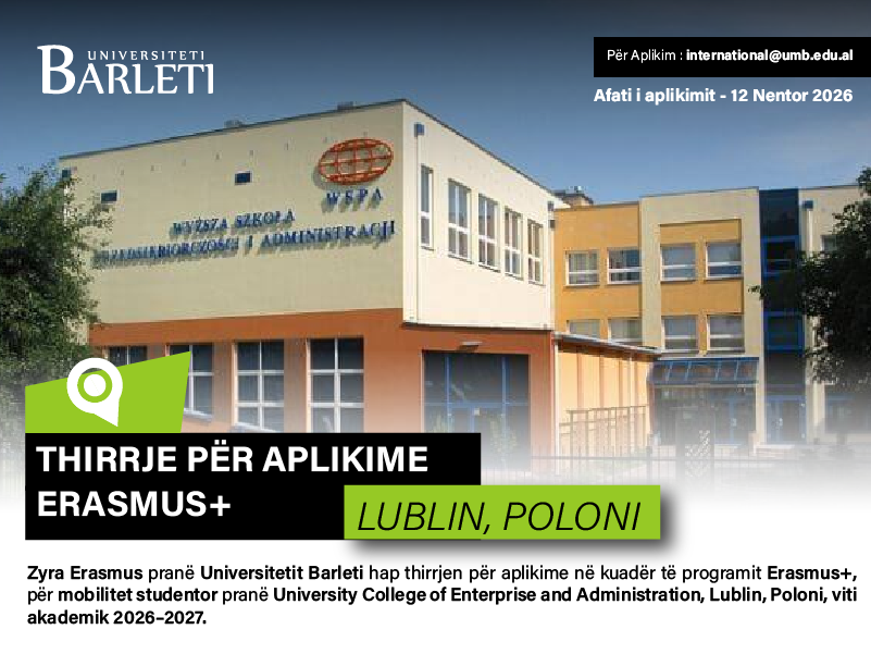 Thirrje për Aplikime – Mobilitet Erasmus+ për Studentët në University College of Enterprise and Administration, Poloni, 2026–2027