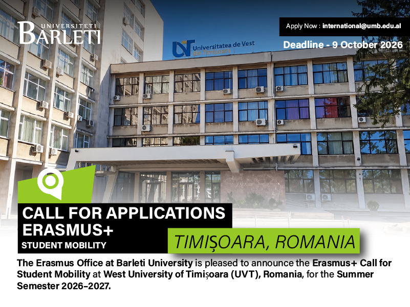 Thirrje për Aplikime – Mobilitet Studentor Erasmus+ me West University of Timișoara (Rumani) 2026–2027