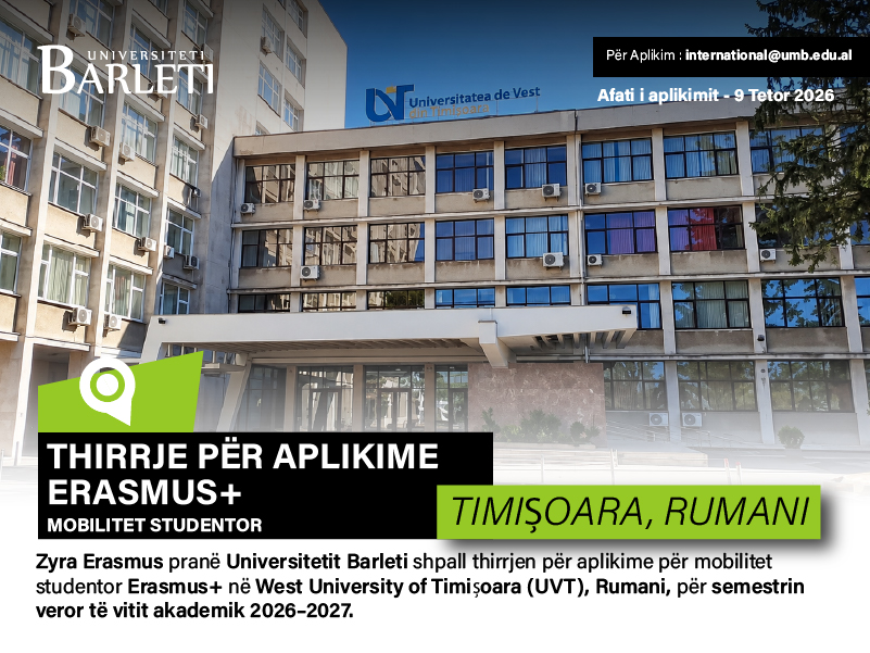 Thirrje për Aplikime – Mobilitet Studentor Erasmus+ me West University of Timișoara (Rumani) 2026–2027