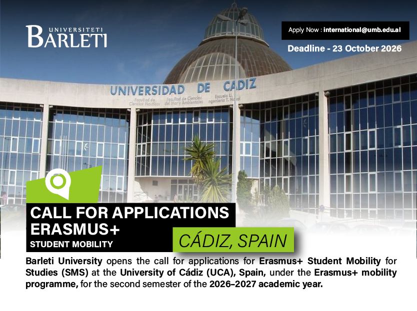 THIRRJE PËR APLIKIME – MOBILITET STUDENTOR ERASMUS+ Universiteti i Cádiz (UCA), Spanjë – Viti Akademik 2026–2027