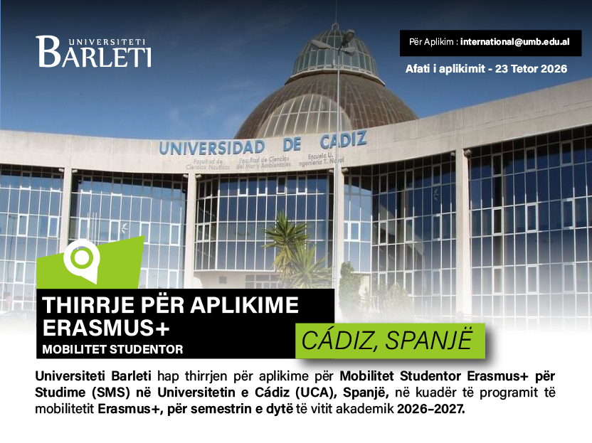THIRRJE PËR APLIKIME – MOBILITET STUDENTOR ERASMUS+ Universiteti i Cádiz (UCA), Spanjë – Viti Akademik 2026–2027